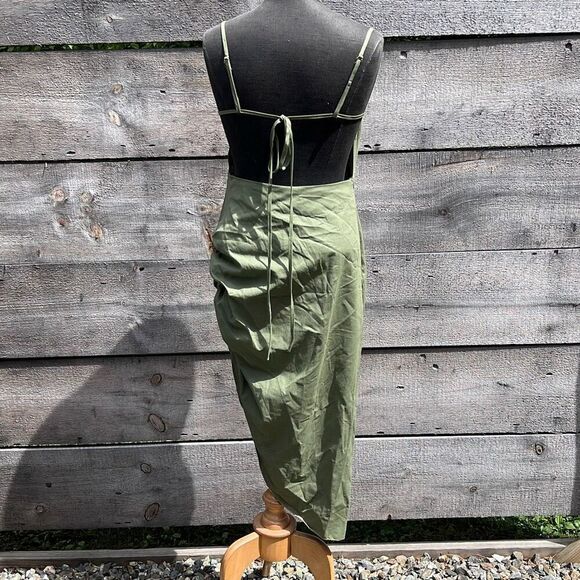 Women’s Army Green Ruched Backless Sleeveless Square Neck Midi Dress - Picture 5 of 11